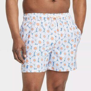 Men's Size L 5'' Daisy Swim Trunks Goodfellow & Co Blue Daisy Recycled Polyester